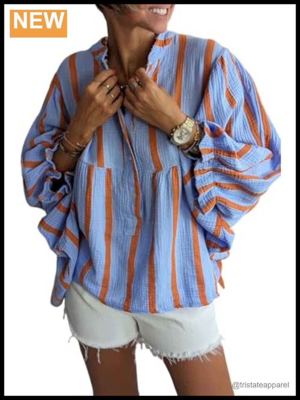 Puff Sleeve Babydoll Top Striped Blouse Cotton Oversized Flowy Boho Shirt